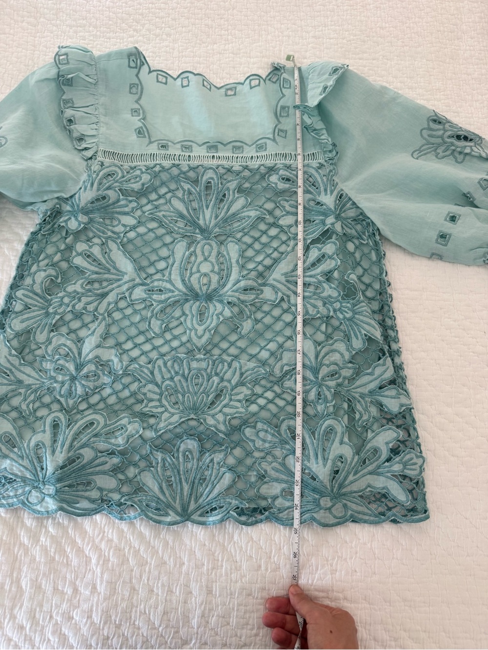NWT Sundance Crochet Lace Puff Sleeve Linen Cotton Blouse Top Blue Size M - Picture 11 of 12